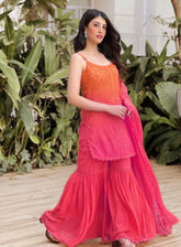 Sakura Ombre Chikankari Gharara Short Kurta Set (Set of 3)